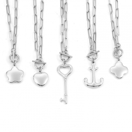 304 Acero Inoxidable Elegante Catena di Fermagli Collares Tono de Plata Corazón Flor 49.5cm longitud, 1 Unidad