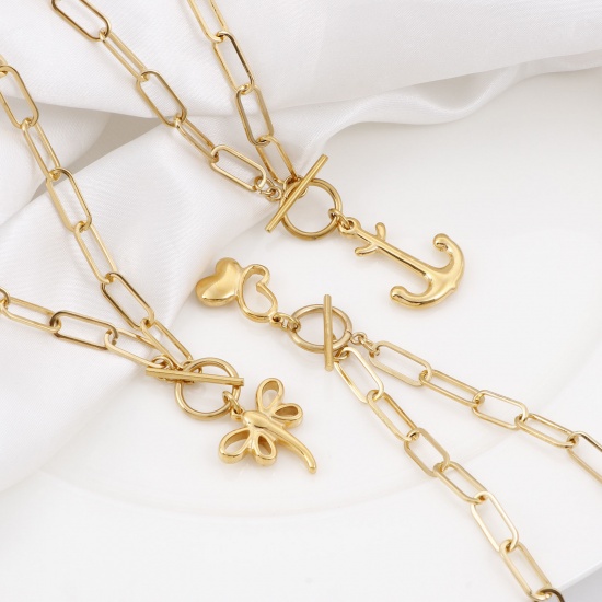 Picture of 304 Stainless Steel Stylish Paperclip Chain Necklace Gold Plated Heart Flower 50cm(19 5/8") long
