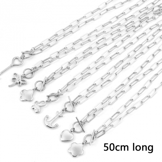 Picture of 304 Stainless Steel Stylish Paperclip Chain Necklace Silver Tone Heart Flower 50cm(19 5/8") long