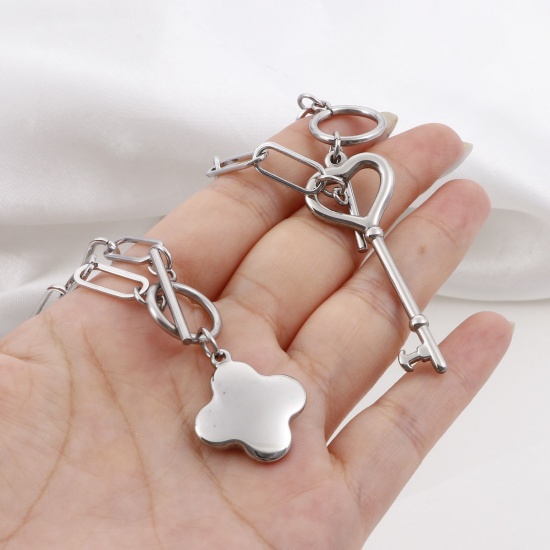 Picture of 304 Stainless Steel Stylish Paperclip Chain Necklace Silver Tone Heart Flower 50cm(19 5/8") long