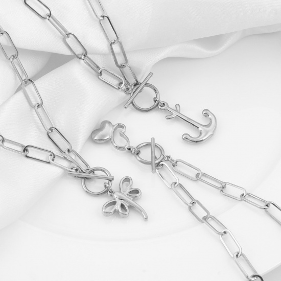 Picture of 304 Stainless Steel Stylish Paperclip Chain Necklace Silver Tone Heart Flower 50cm(19 5/8") long