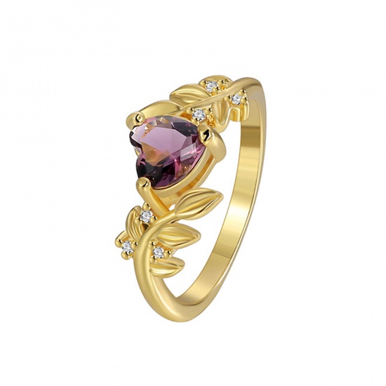 Picture of Eco-friendly Sweet & Cute Stylish 18K Real Gold Plated Copper & Cubic Zirconia Unadjustable Heart Leaf Rings For Women Mother's Day