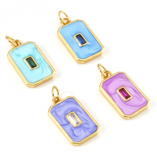 Picture of Brass Geometry Series Charms Gold Plated Octagon Enamel Multicolour Cubic Zirconia 22mm x 10mm