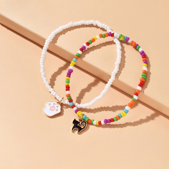 Picture of Acrylic Cute Anklet Set Multicolor Cat Animal Paw Print Beaded  Elastic For Kids Children