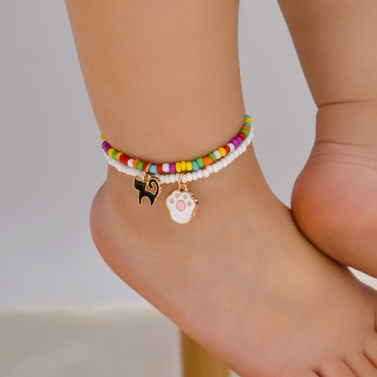 Picture of Acrylic Cute Anklet Set Multicolor Cat Animal Paw Print Beaded  Elastic For Kids Children
