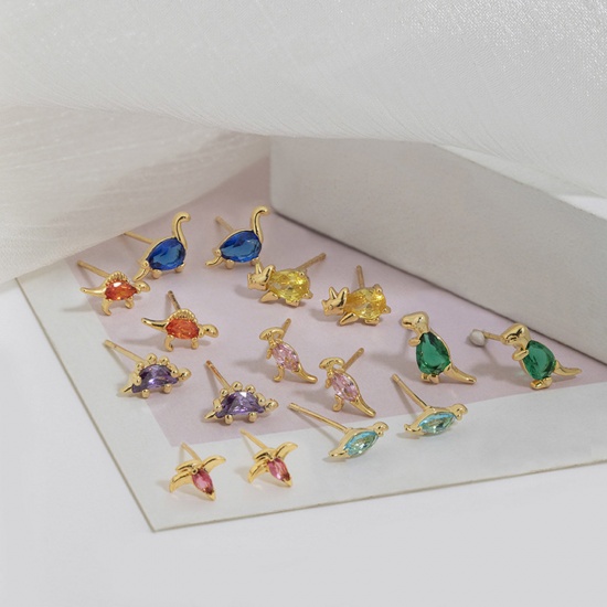 Picture of Copper Cute Ear Post Stud Earrings Gold Plated Dinosaur Animal Multicolour Cubic Zirconia