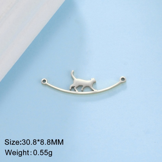 Picture of Eco-friendly 304 Stainless Steel Connectors Charms Pendants Multicolor Cat Animal 31mm x 9mm