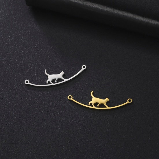 Picture of Eco-friendly 304 Stainless Steel Connectors Charms Pendants Multicolor Cat Animal 31mm x 9mm