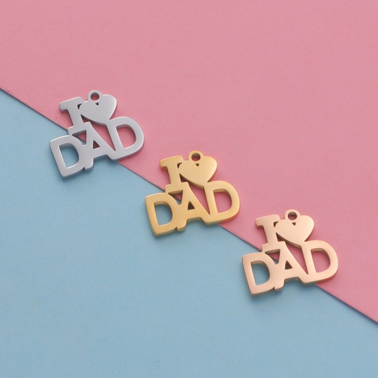 Picture of Eco-friendly 304 Stainless Steel Charms Multicolor Heart Message " I Love Dad " Mirror 14mm x 16mm