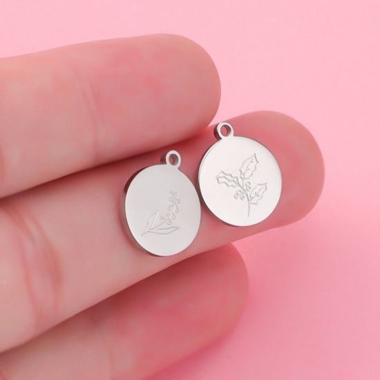 Picture of Eco-friendly 304 Stainless Steel Birth Month Flower Charms Silver Tone Round Mirror 12mm x 14mm