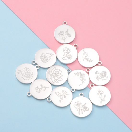 Picture of Eco-friendly 304 Stainless Steel Birth Month Flower Charms Silver Tone Round Mirror 12mm x 14mm