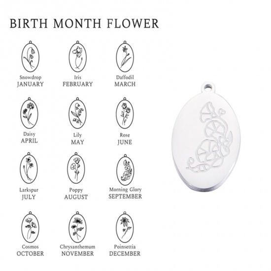 Bild von Umweltfreundlich 304 Edelstahl Geburtsmonat Blume Charms Oval Silberfarbe Spiegel 22mm x 14mm, 1 Stück