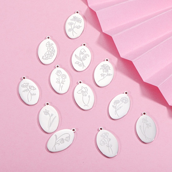Bild von Umweltfreundlich 304 Edelstahl Geburtsmonat Blume Charms Oval Silberfarbe Spiegel 22mm x 14mm, 1 Stück