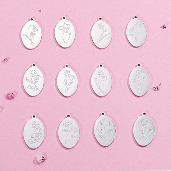Bild von Umweltfreundlich 304 Edelstahl Geburtsmonat Blume Charms Oval Silberfarbe Spiegel 22mm x 14mm, 1 Stück