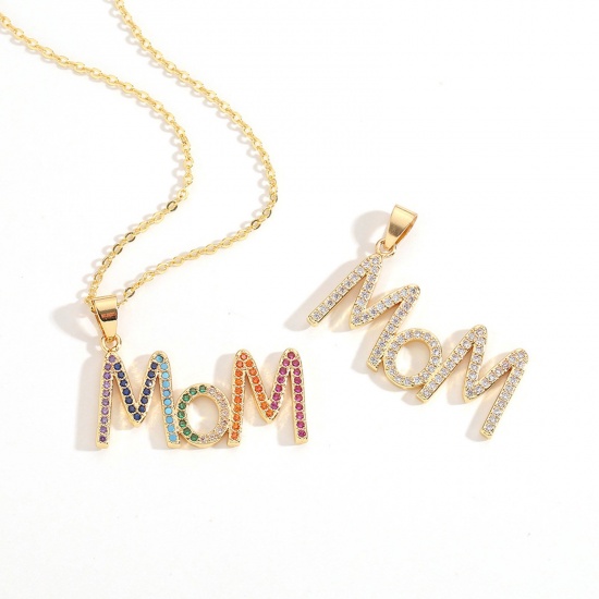 Picture of Eco-friendly Stylish Retro 18K Real Gold Plated Copper & Cubic Zirconia Link Cable Chain Heart Message " Mama " Micro Pave Pendant Necklace For Women Mother's Day