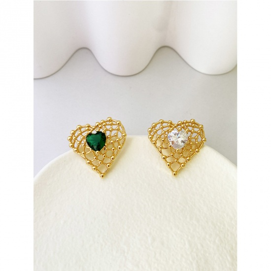 Picture of Hypoallergenic Exquisite Retro 18K Real Gold Plated Copper & Cubic Zirconia Heart Ear Post Stud Earrings For Women Valentine's Day