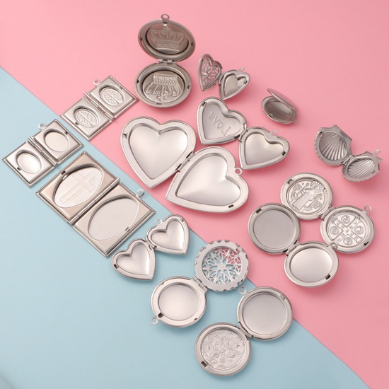 Picture of 304 Stainless Steel Picture Photo Frame Locket Charms Silver Tone Book Heart Can Open