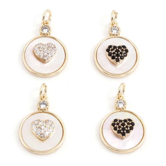 Picture of Natural Shell & Brass Valentine's Day Charms 18K Real Gold Plated White Round Heart Micro Pave Clear Cubic Zirconia 23mm x 14mm