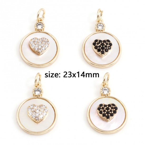 Picture of Natural Shell & Brass Valentine's Day Charms 18K Real Gold Plated White Round Heart Micro Pave Clear Cubic Zirconia 23mm x 14mm