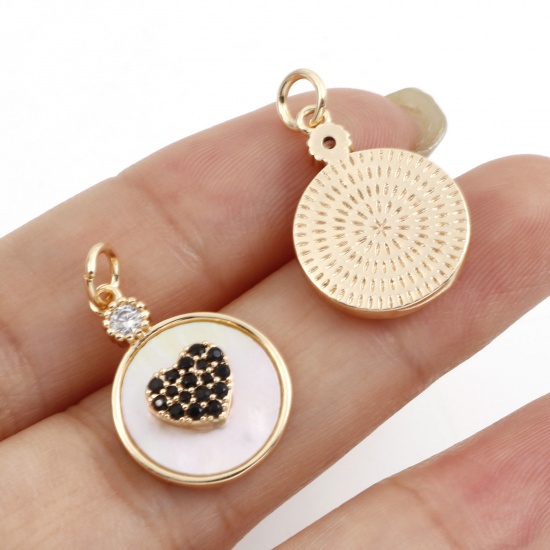 Picture of Natural Shell & Brass Valentine's Day Charms 18K Real Gold Plated White Round Heart Micro Pave Clear Cubic Zirconia 23mm x 14mm