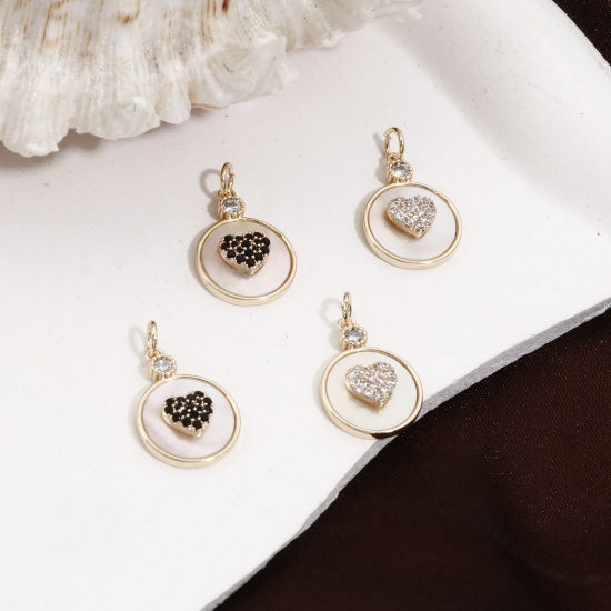 Picture of Natural Shell & Brass Valentine's Day Charms 18K Real Gold Plated White Round Heart Micro Pave Clear Cubic Zirconia 23mm x 14mm