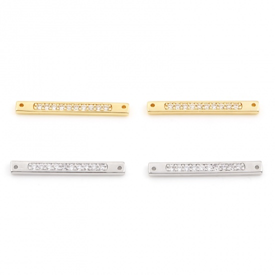 Picture of Brass Connectors Real Gold Plated Rectangle Micro Pave Clear Cubic Zirconia 3.2cm x 0.4cm                                                                                                                                                                     