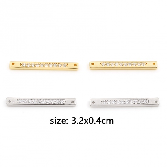 Picture of Brass Connectors Real Gold Plated Rectangle Micro Pave Clear Cubic Zirconia 3.2cm x 0.4cm                                                                                                                                                                     