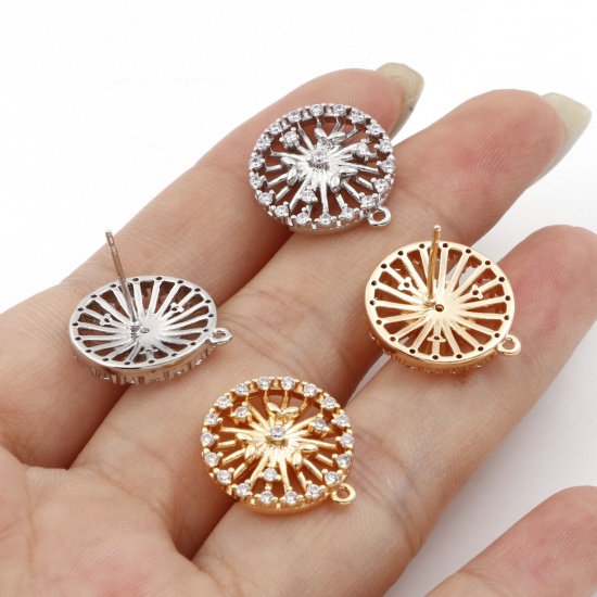 Picture of Brass Micro Pave Ear Post Stud Earrings Real Gold Plated Round With Loop Clear Cubic Zirconia 18mm x 15mm                                                                                                                                                     