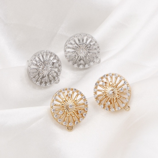 Picture of Brass Micro Pave Ear Post Stud Earrings Real Gold Plated Round With Loop Clear Cubic Zirconia 18mm x 15mm                                                                                                                                                     