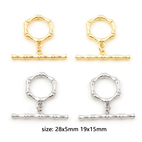 Picture of Brass Toggle Clasps Bamboo-shaped Real Gold Plated 28x5mm 19x15mm