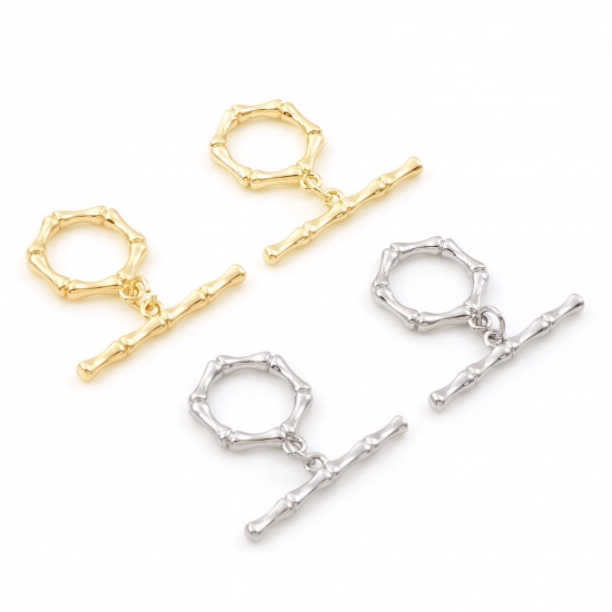 Picture of Brass Toggle Clasps Bamboo-shaped Real Gold Plated 28x5mm 19x15mm