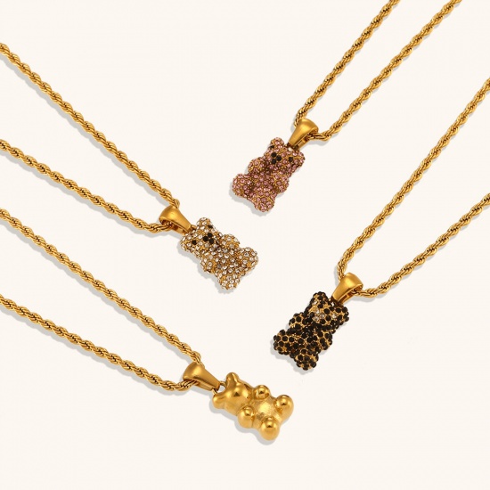 Picture of Eco-friendly Simple & Casual Cute 18K Real Gold Plated Stainless Steel & Cubic Zirconia Braided Rope Chain Bear Animal Pendant Necklace For Women