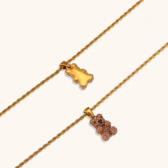 Picture of Eco-friendly Simple & Casual Cute 18K Real Gold Plated Stainless Steel & Cubic Zirconia Braided Rope Chain Bear Animal Pendant Necklace For Women