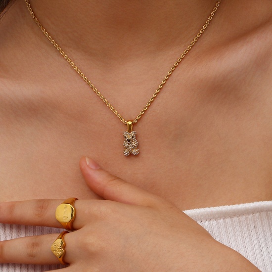 Picture of Eco-friendly Simple & Casual Cute 18K Real Gold Plated Stainless Steel & Cubic Zirconia Braided Rope Chain Bear Animal Pendant Necklace For Women