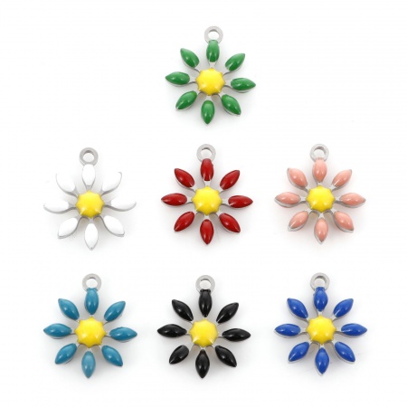 304 Stainless Steel Flora Collection Charms Silver Tone Flower Double-sided Enamel 15mm x 13mm