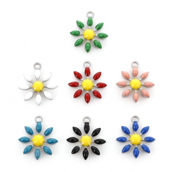 Picture of 304 Stainless Steel Flora Collection Charms Silver Tone Flower Double-sided Enamel 15mm x 13mm