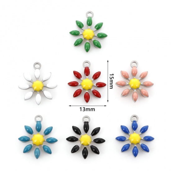 Picture of 304 Stainless Steel Flora Collection Charms Silver Tone Flower Double-sided Enamel 15mm x 13mm