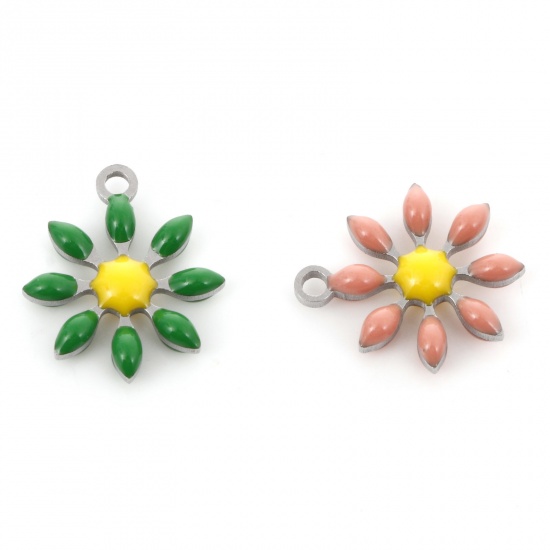 Picture of 304 Stainless Steel Flora Collection Charms Silver Tone Flower Double-sided Enamel 15mm x 13mm