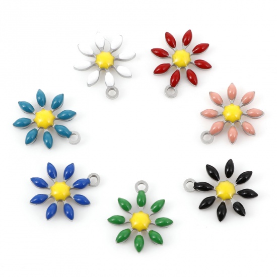 Picture of 304 Stainless Steel Flora Collection Charms Silver Tone Flower Double-sided Enamel 15mm x 13mm