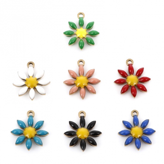 Immagine di 304 Acciaio Inossidabile Collezione Flora Charms Oro Placcato Fiore Smalto a Doppia Faccia 15mm x 13mm, 5 Pz