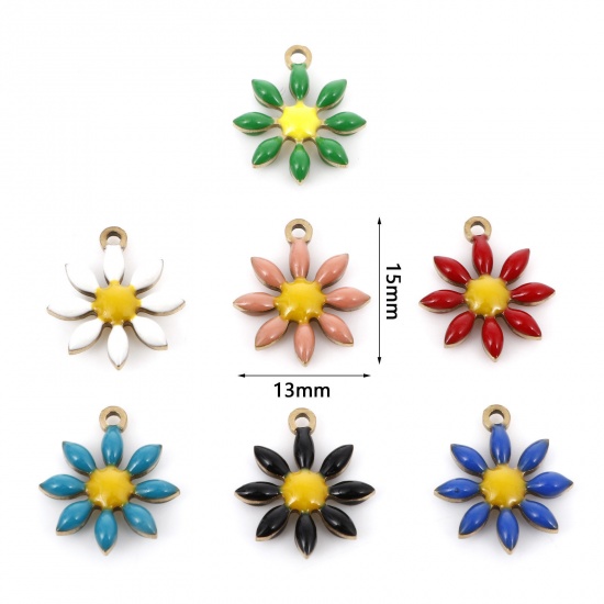 Immagine di 304 Acciaio Inossidabile Collezione Flora Charms Oro Placcato Fiore Smalto a Doppia Faccia 15mm x 13mm, 5 Pz