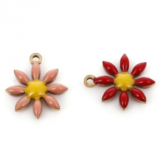 Immagine di 304 Acciaio Inossidabile Collezione Flora Charms Oro Placcato Fiore Smalto a Doppia Faccia 15mm x 13mm, 5 Pz