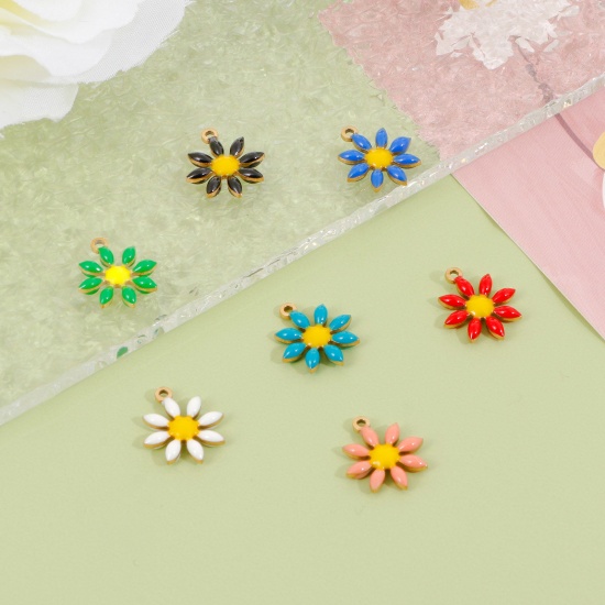 Immagine di 304 Acciaio Inossidabile Collezione Flora Charms Oro Placcato Fiore Smalto a Doppia Faccia 15mm x 13mm, 5 Pz