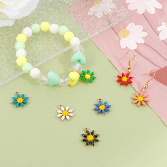 Immagine di 304 Acciaio Inossidabile Collezione Flora Charms Oro Placcato Fiore Smalto a Doppia Faccia 15mm x 13mm, 5 Pz