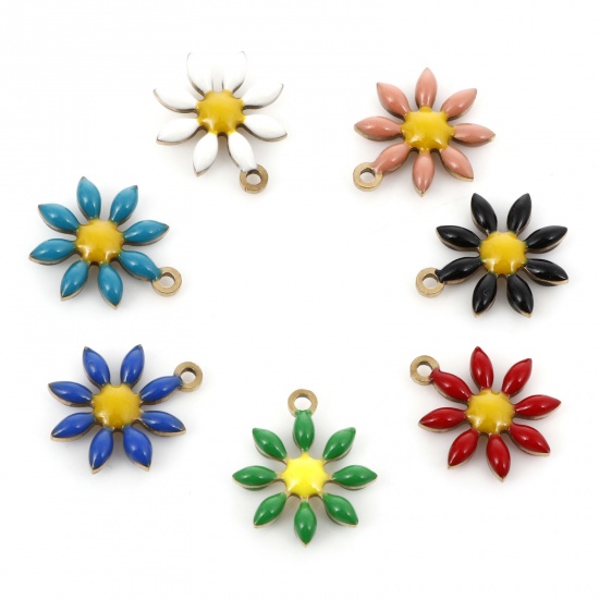 Immagine di 304 Acciaio Inossidabile Collezione Flora Charms Oro Placcato Fiore Smalto a Doppia Faccia 15mm x 13mm, 5 Pz