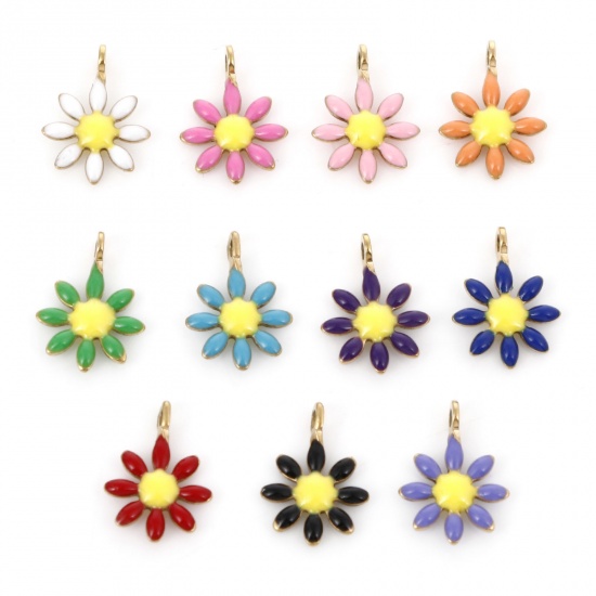 Image de Breloques en 304 Acier Inoxydable Collection Végétale Doré Fleurs Émail Double Face 10mm x 7mm , 10 Pcs