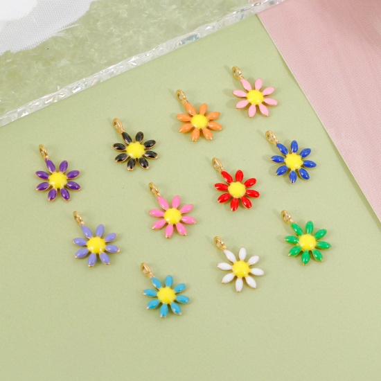 Image de Breloques en 304 Acier Inoxydable Collection Végétale Doré Fleurs Émail Double Face 10mm x 7mm , 10 Pcs