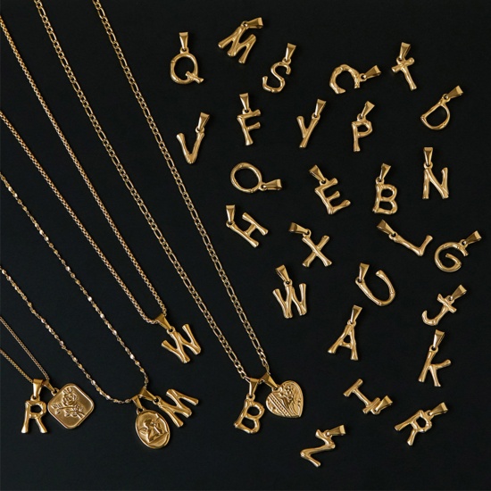 Imagen de 304 Acero Inoxidable Colgantes Charms De forma Bambú 18k Chapado en Oro Mayúscula Letra " A-Z " 1 Unidad