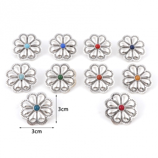 Picture of Zinc Based Alloy Metal Sewing Shank Buttons Single Hole Antique Silver Color Multicolor Flower 3cm x 3cm