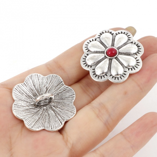 Picture of Zinc Based Alloy Metal Sewing Shank Buttons Single Hole Antique Silver Color Multicolor Flower 3cm x 3cm
